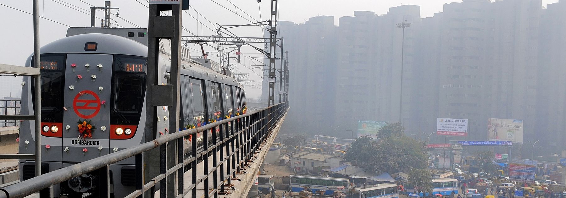 A Delhi Metro train reaches Anand Vihar station on the Delhi-Uttar Pradesh border. (PRAKASH SINGH/AFP/Getty Images) A Delhi Metro train reaches Anand Vihar station on the Delhi-Uttar Pradesh border. (PRAKASH SINGH/AFP/Getty Images)