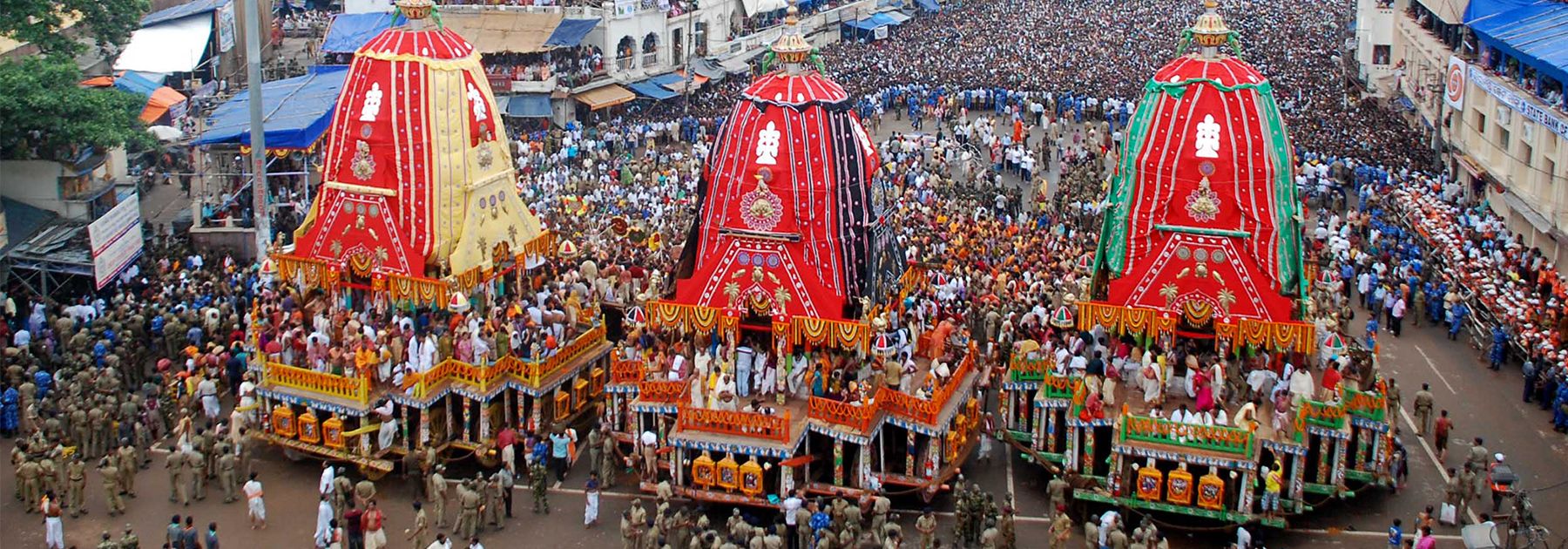 Hindu devotees gather as three giant chariots are pulled during the Rath Yatra of Lord Jagannath in Puri. (STR/AFP/GettyImages) Hindu devotees gather as three giant chariots are pulled during the Rath Yatra of Lord Jagannath in Puri. (STR/AFP/GettyImages)