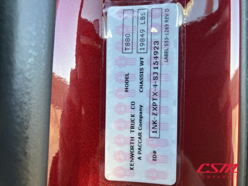 VIN tag for this 2025 Kenworth T880 Short Hood (Stock number: SJ154923)