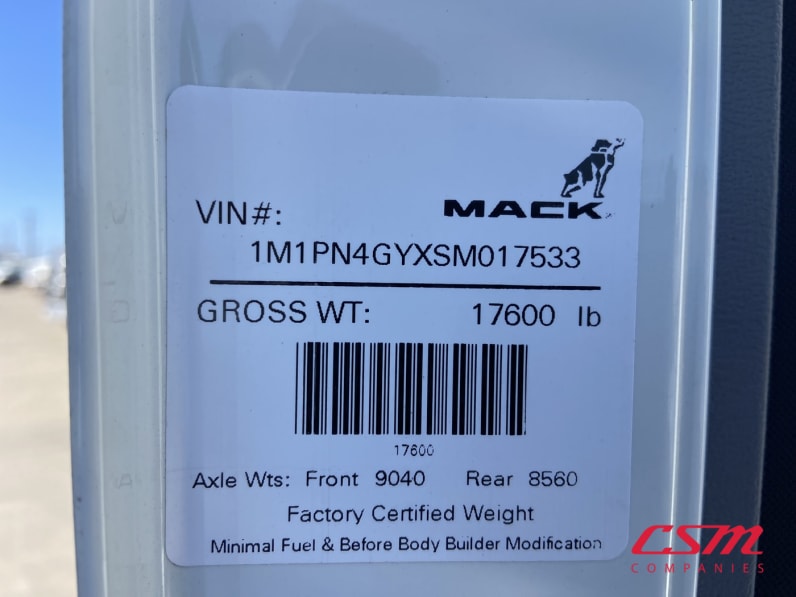 VIN tag for this 2025 Mack Pinnacle PI64 (Stock number: SM017533)