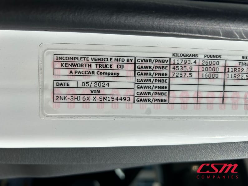 VIN tag for this 2025 Kenworth T280 (Stock number: SM154493)