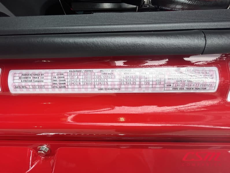 VIN tag for this 2026 Kenworth T880 (Stock number: TJ208423)