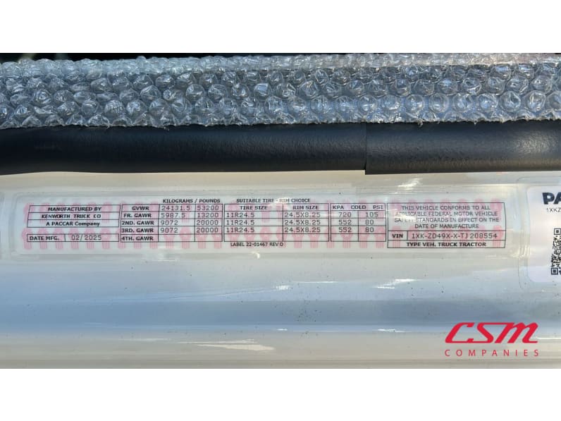 VIN tag for this 2026 Kenworth T880 (Stock number: TJ208554)