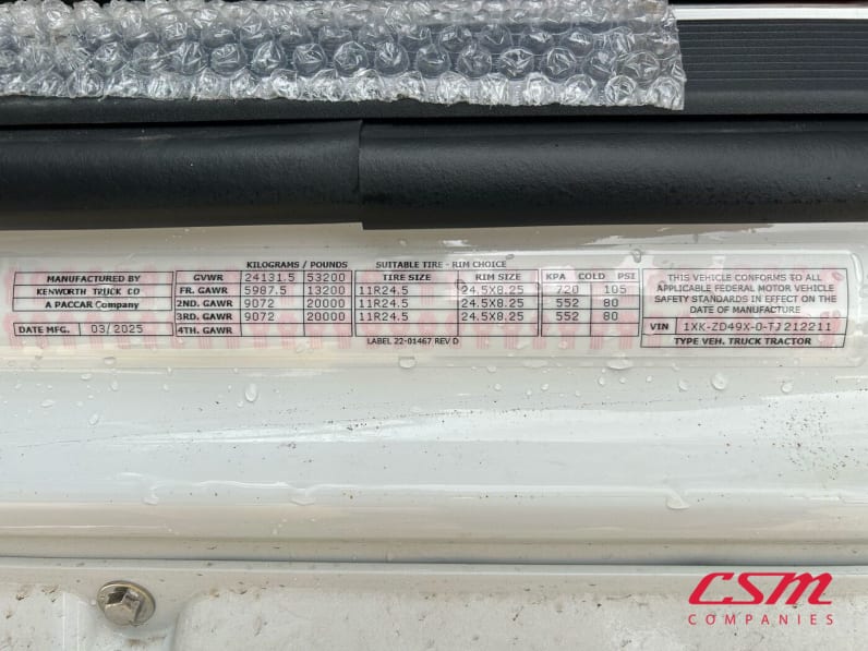 VIN tag for this 2026 Kenworth T880 (Stock number: TJ212211)