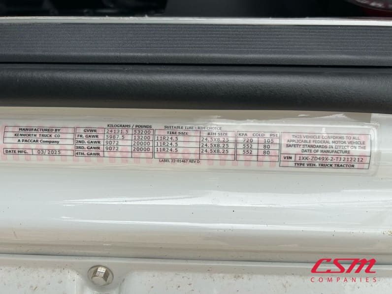 VIN tag for this 2026 Kenworth T880 (Stock number: TJ212212)Weeee
