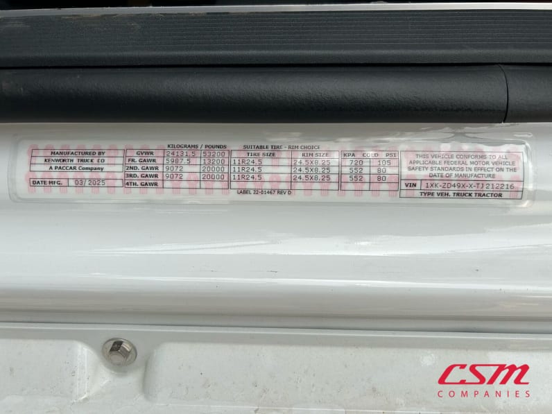 VIN tag for this 2026 Kenworth T880 (Stock number: TJ212216)
