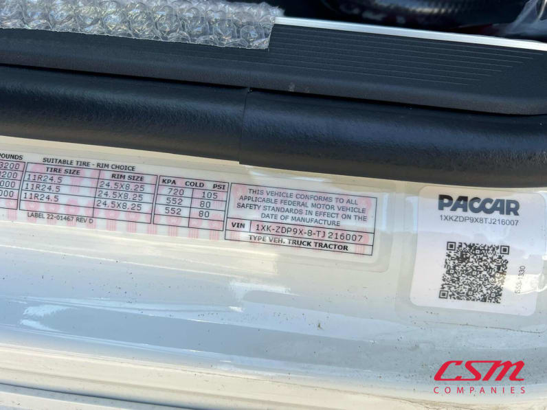 VIN tag for this 2026 Kenworth T880 (Stock number: TJ216007)