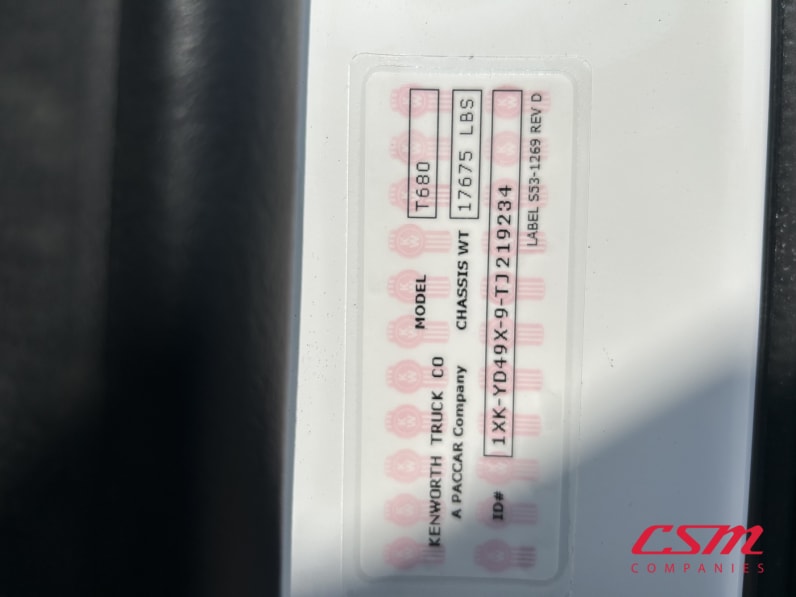 VIN tag for this 2026 Kenworth T680 (Stock number: TJ219234)