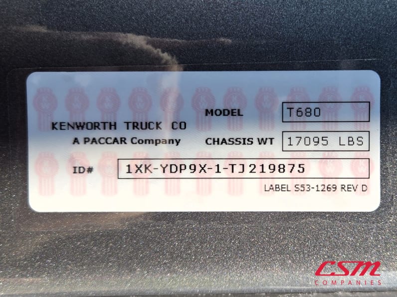VIN tag for this 2026 Kenworth T680 (Stock number: TJ219875)
