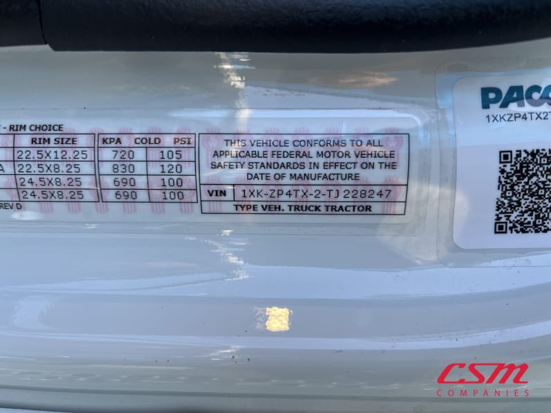 VIN tag for this 2026 Kenworth T880 (Stock number: TJ228247)