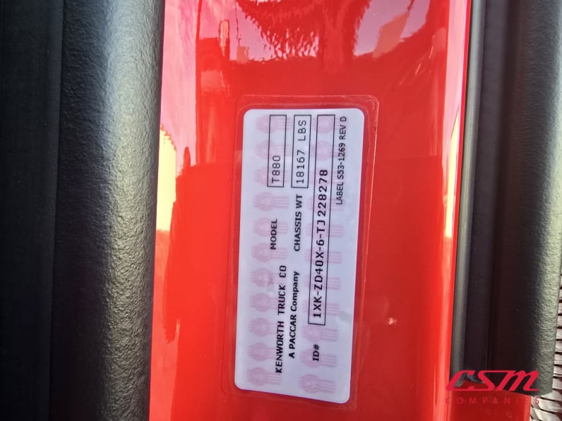 VIN tag for this 2026 Kenworth T880 (Stock number: TJ228278)