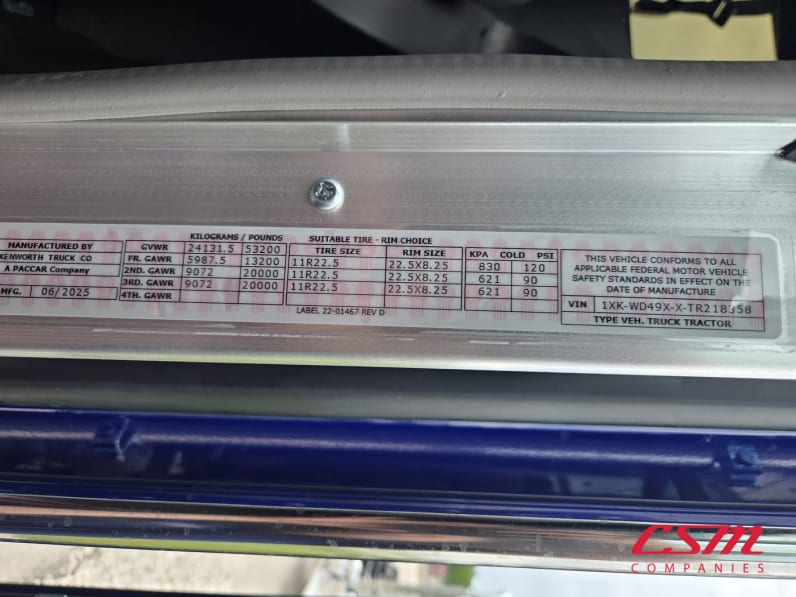 VIN tag for this 2026 Kenworth W900L (Stock number: TR218358)