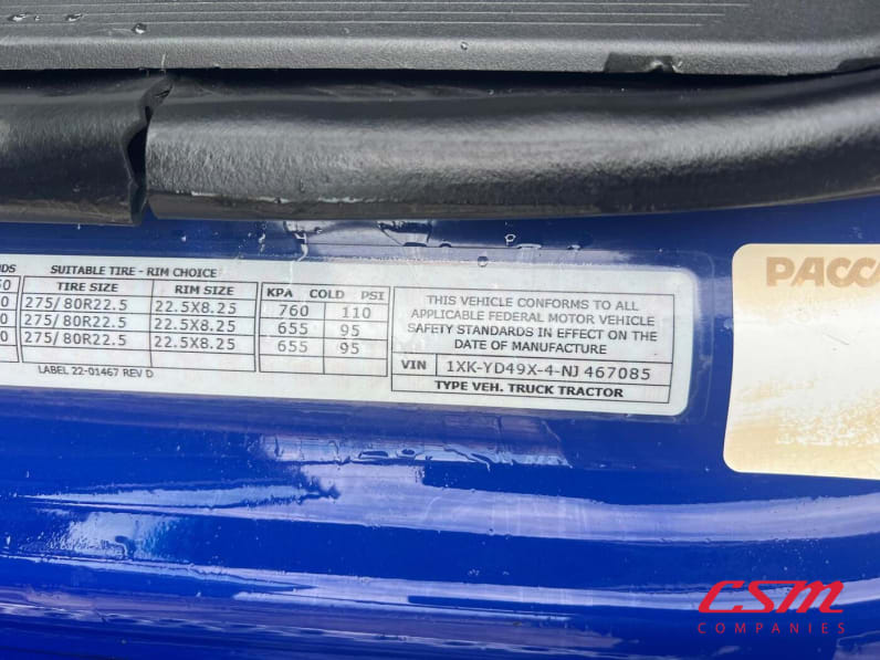 VIN tag for this 2022 Kenworth T680 (Stock number: UNJ467085)Weeee