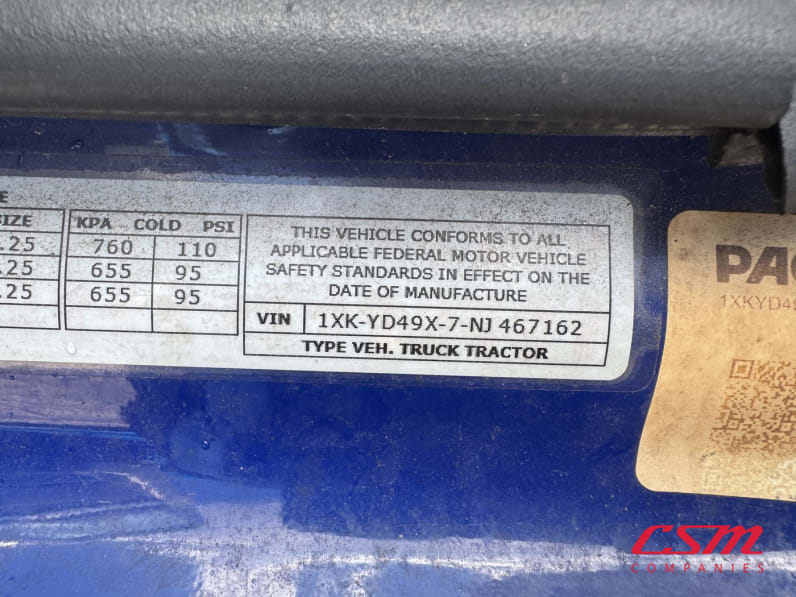 VIN tag for this 2022 Kenworth T680 (Stock number: UNJ467162)Weeee