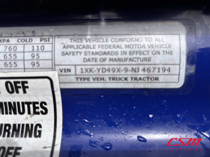 VIN tag for this 2022 Kenworth T680 (Stock number: UNJ467194)Weeee
