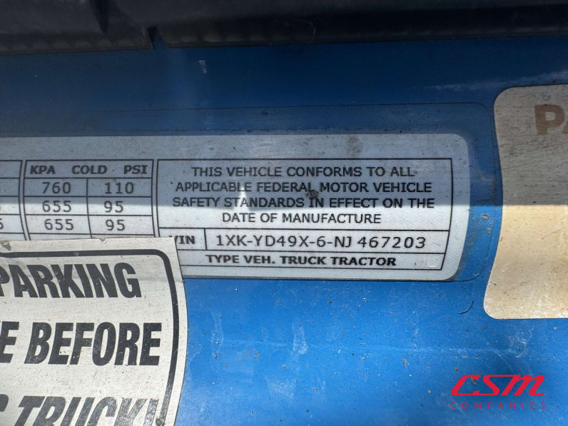 VIN tag for this 2022 Kenworth T680 (Stock number: UNJ467203)Weeee