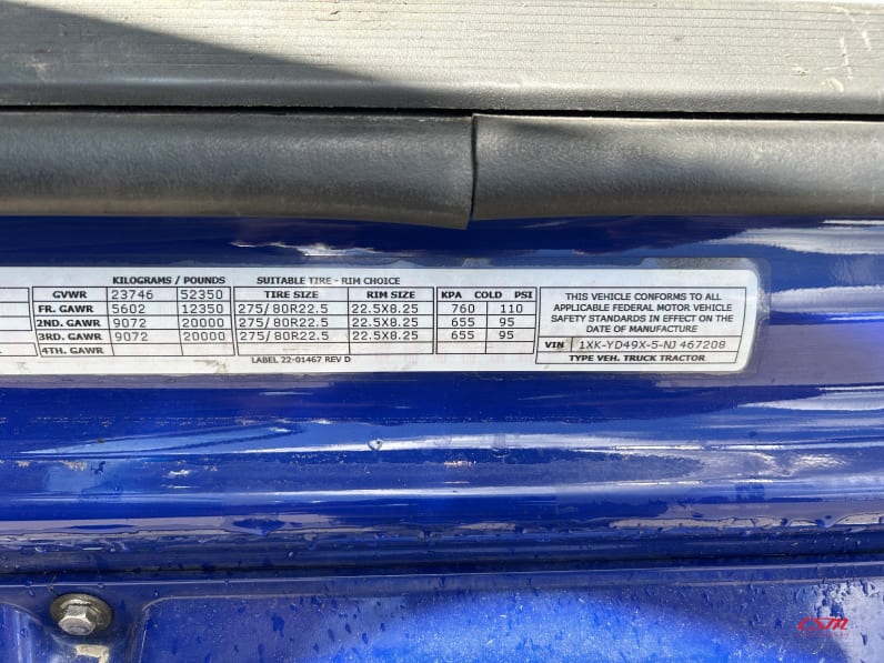 VIN tag for this 2022 Kenworth T680 (Stock number: UNJ467208)Weeee