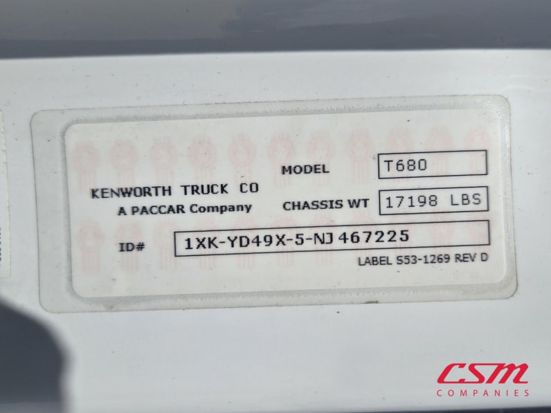 VIN tag for this 2022 Kenworth T680 (Stock number: UNJ467225)Weeee