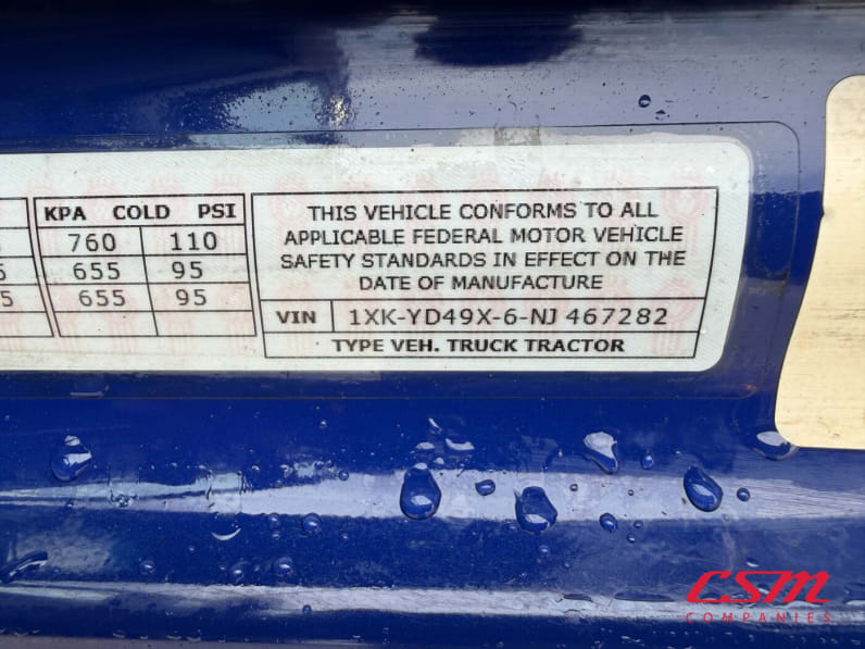 VIN tag for this 2022 Kenworth T680 (Stock number: UNJ467282)Weeee