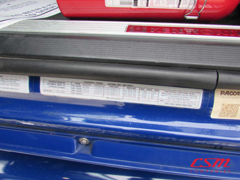 VIN tag for this 2022 Kenworth T680 (Stock number: UNJ467311)Weeee