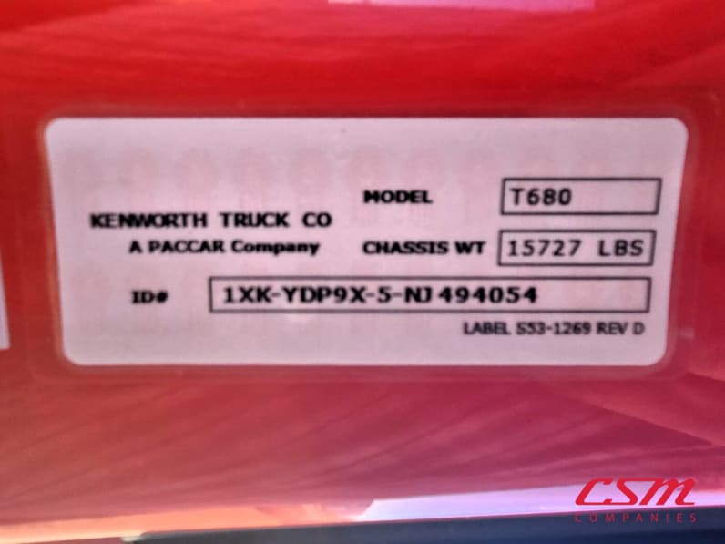 VIN tag for this 2022 Kenworth T680 (Stock number: UNJ494054)