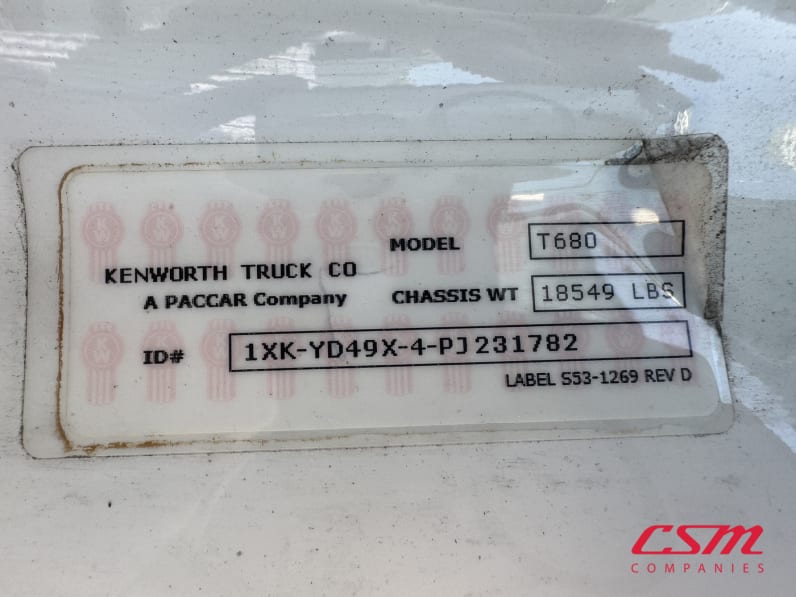 VIN tag for this 2023 Kenworth T680 (Stock number: UPJ231782)