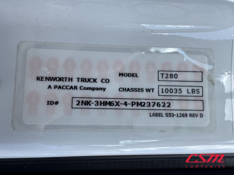 VIN tag for this 2023 Kenworth T280 (Stock number: UPM237622)Weeee