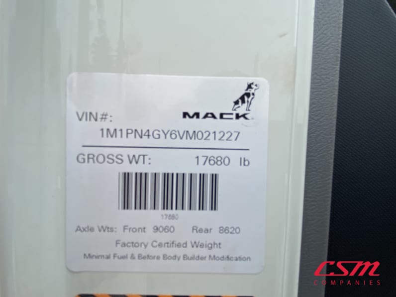 VIN tag for this 2027 Mack Pinnacle PI64 (Stock number: VM021227)Weeee