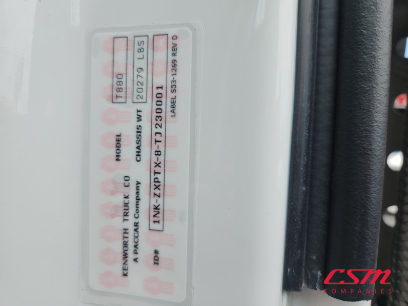VIN tag for this 2026 Kenworth T880 (Stock number: TJ230001)