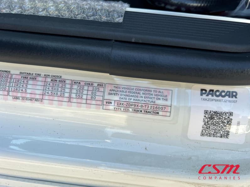 VIN tag for this 2026 Kenworth T880 (Stock number: TJ216007)