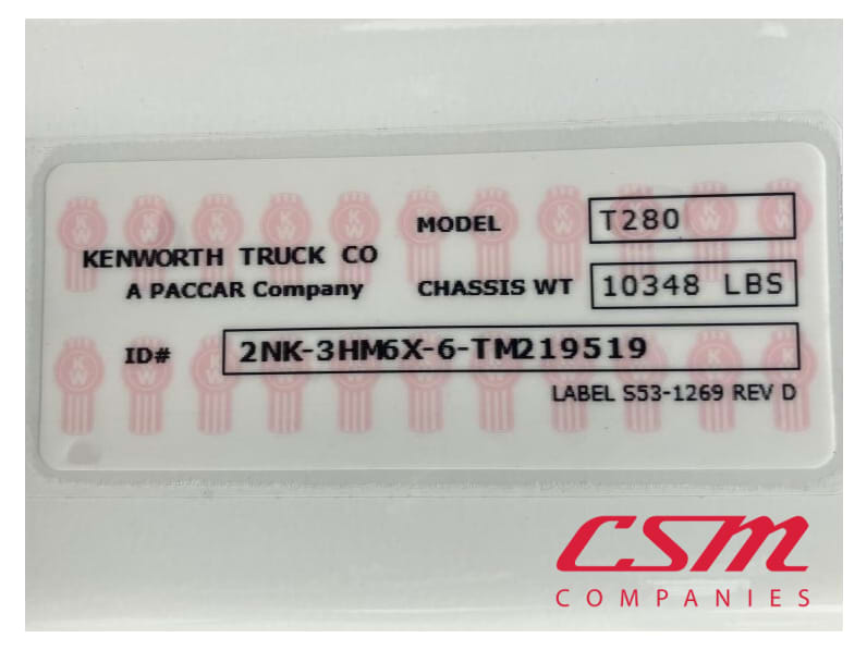 VIN tag for this 2026 Kenworth T280 (Stock number: TM219519)