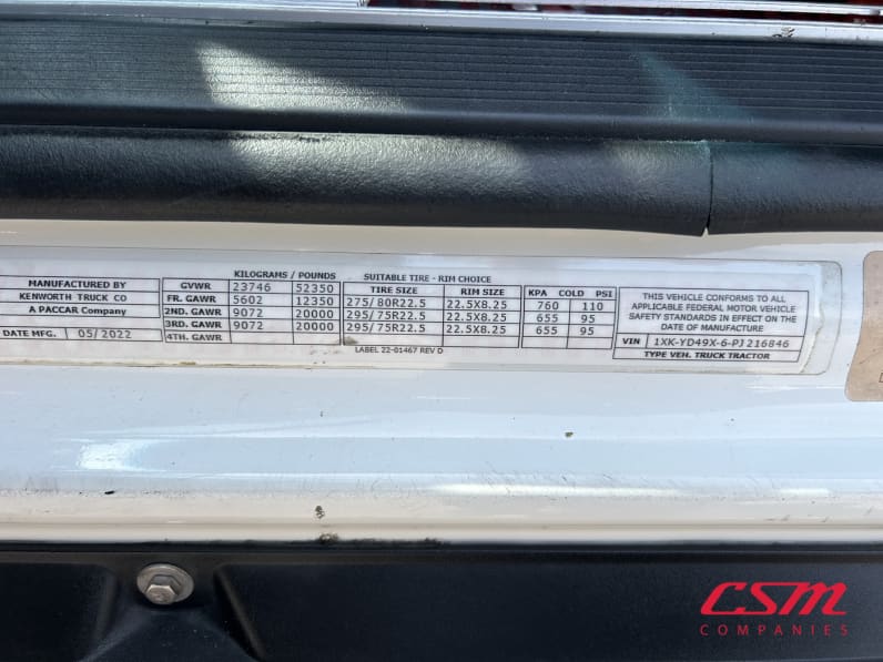 VIN tag for this 2023 Kenworth T680 (Stock number: UPJ216846)