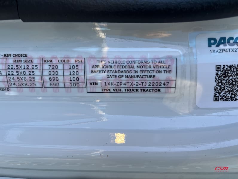 VIN tag for this 2026 Kenworth T880 (Stock number: TJ228247)