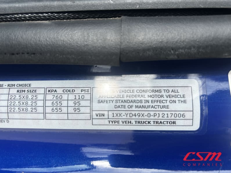 VIN tag for this 2023 Kenworth T680 (Stock number: UPJ217006)