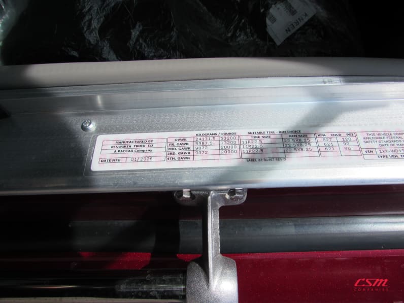 VIN tag for this 2027 Kenworth W900L (Stock number: VR234525)