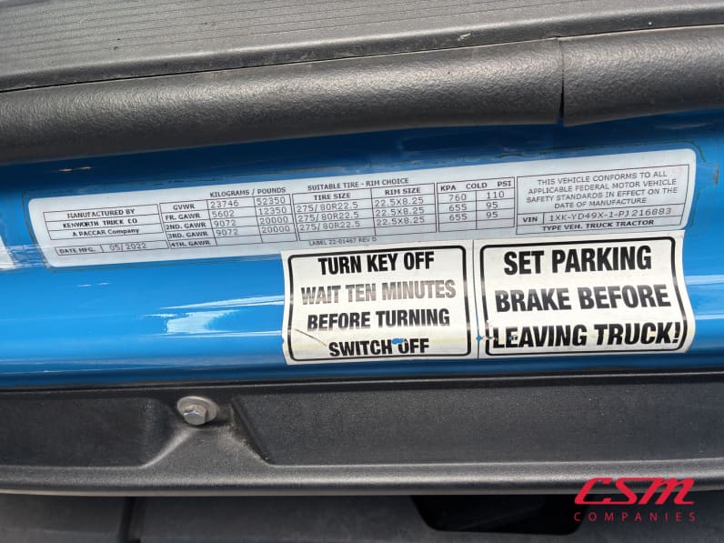 VIN tag for this 2023 Kenworth T680 (Stock number: UPJ216883)