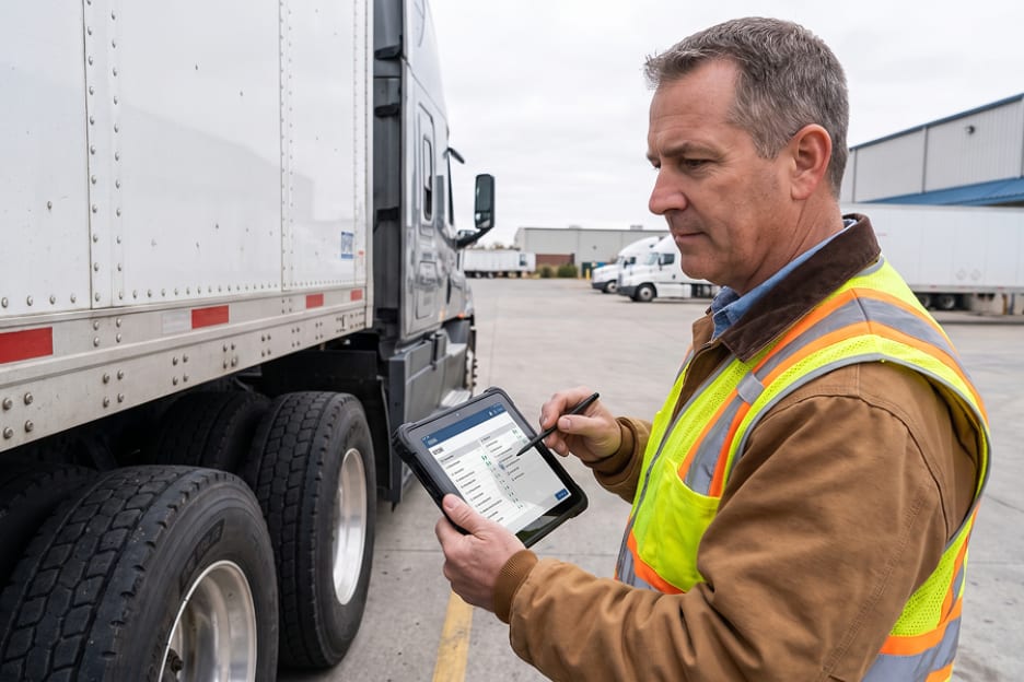 Commercial driver completing a DVIR on a tablet during a pre-trip inspection