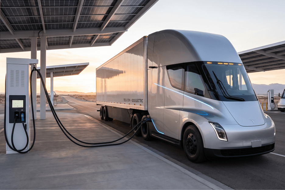 Battery-electric semi-truck charging at a fleet depot