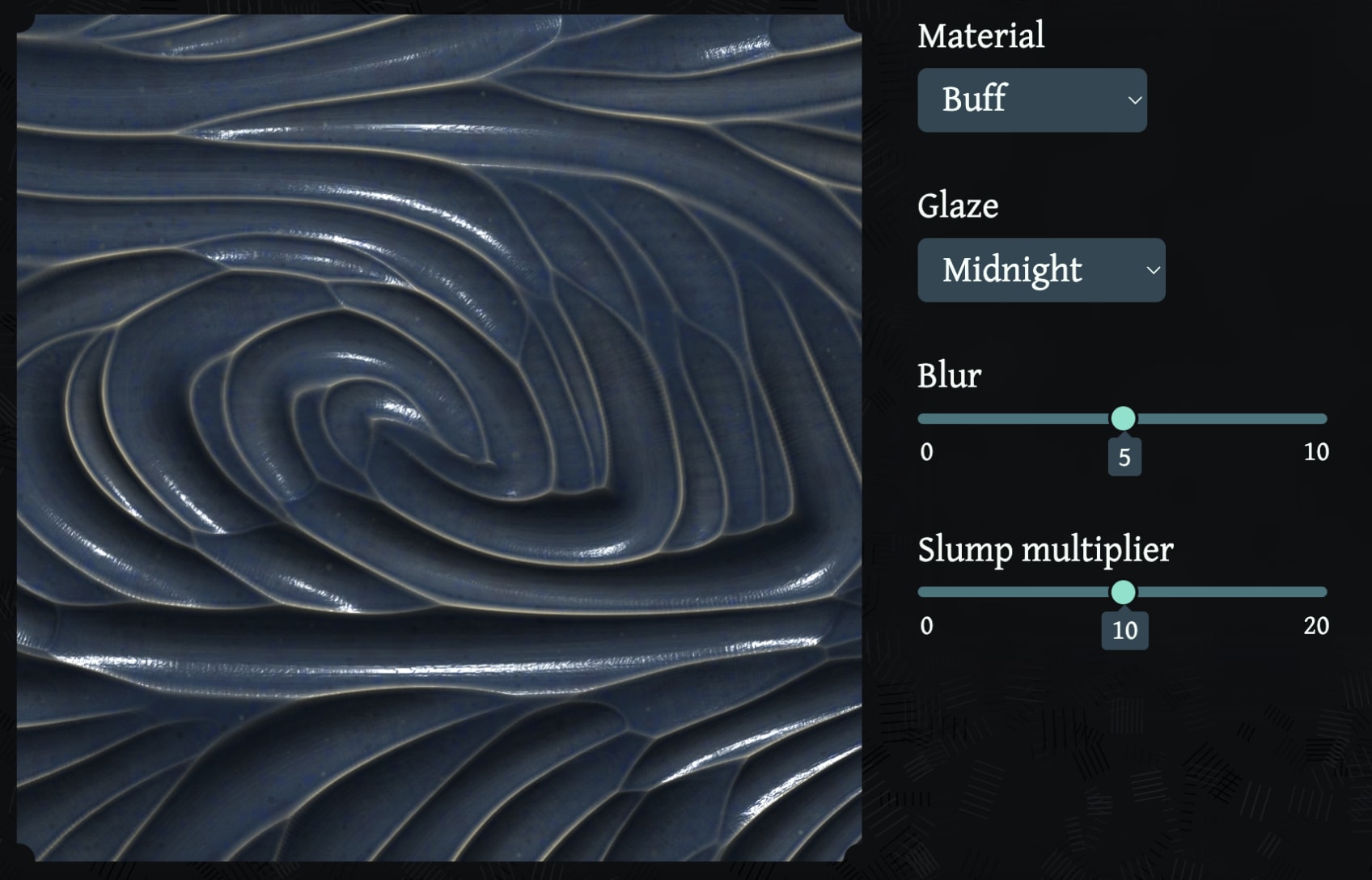 the interface of an interactive ceramics generator with options for material, glaze, blur, and slump multiplier.