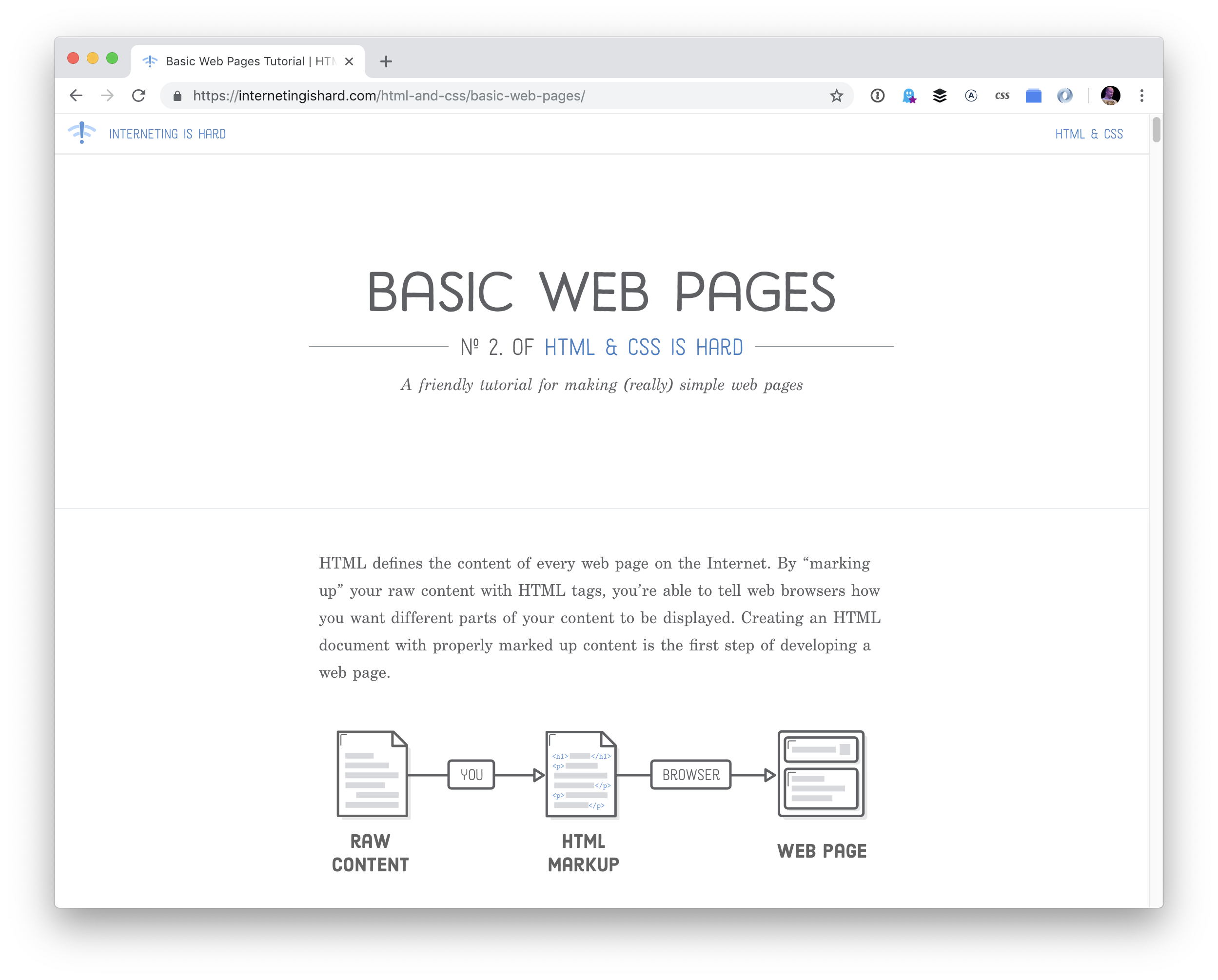 A screenshot of a webpage with a white background and large heading that says Basic Web Pages.