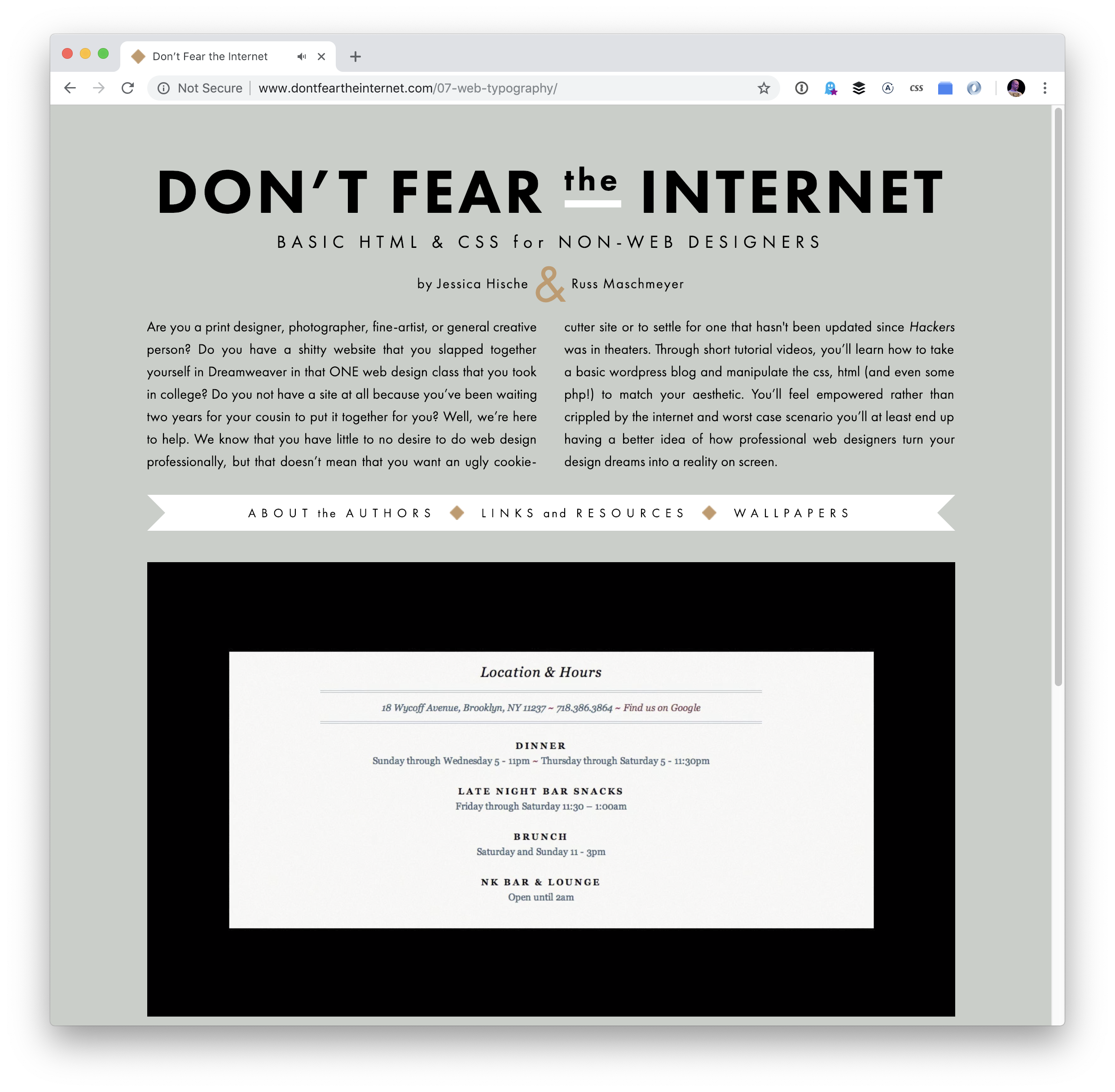 A screenshot of the Don’t Fear the Internet webpage, which is sage green, has a large heading with the course title, two columns of text and a video player.