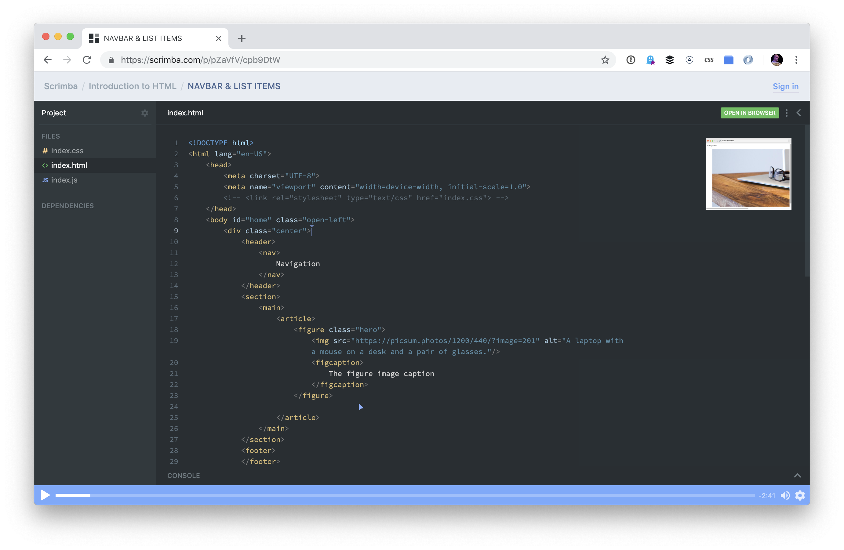 A screenshot of the Scrimba course. It resembles a code editor with a dark gray background, sidebar outlining web assets, and an editor with code in the main area.