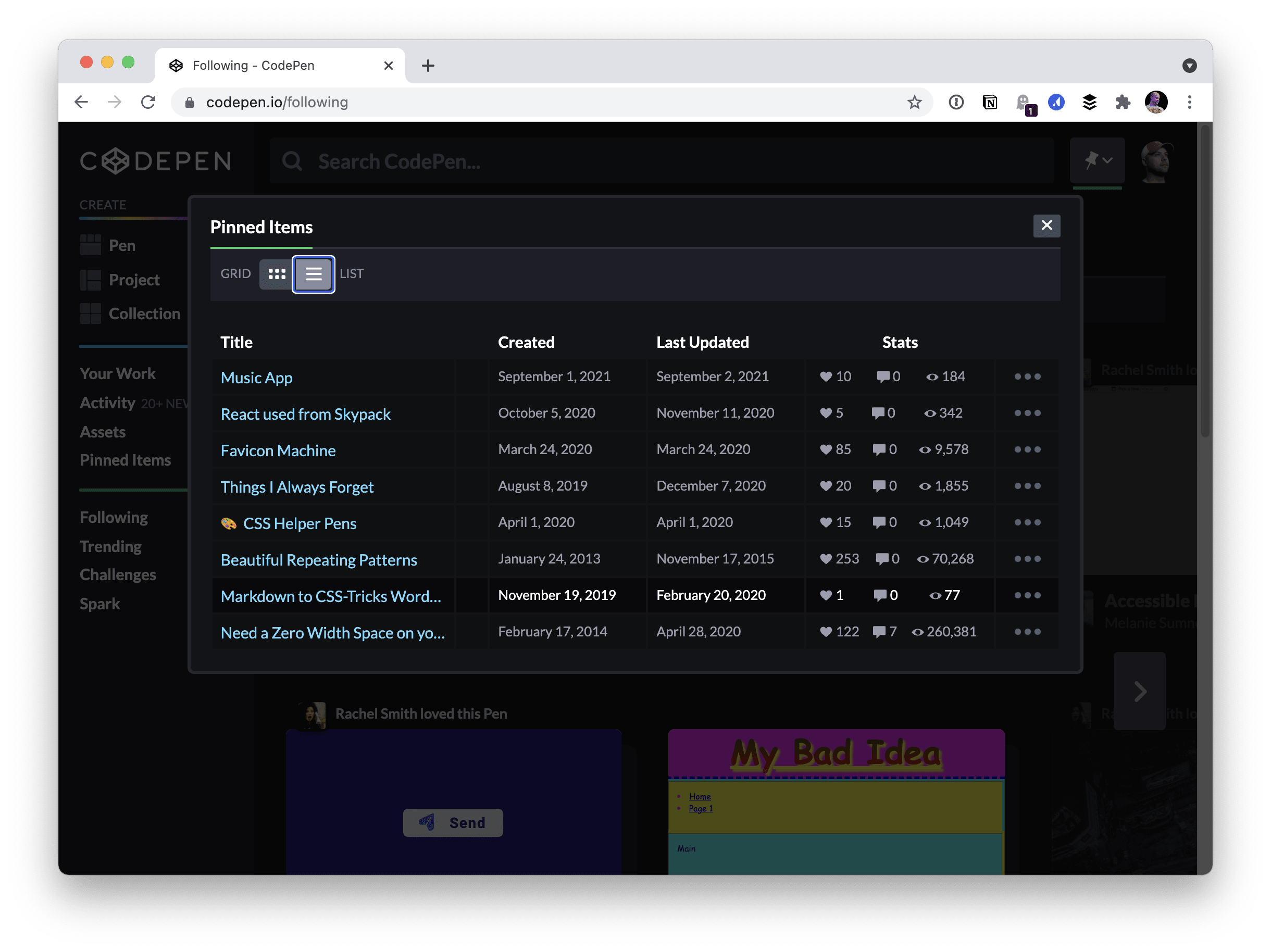 New Pinned Items UI - CodePen Blog