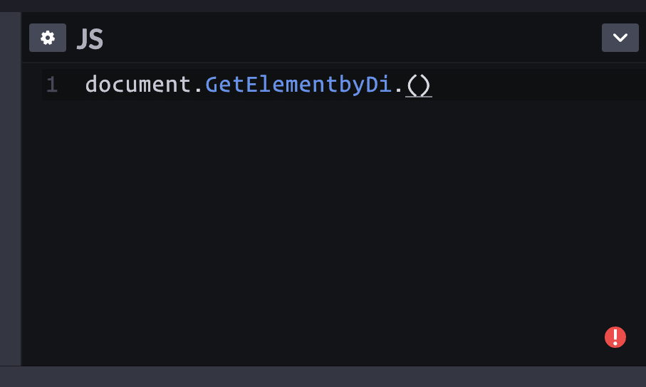 The CodePen editor's JavaScript panel, shown with JavaScript that has a syntax error. A red exclamation point icon is at the lower right of the panel, indicating an error.