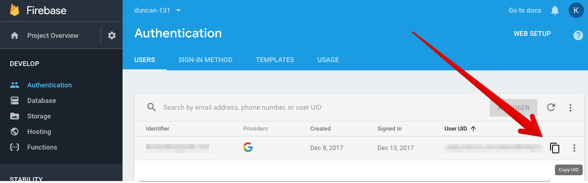 Copy User uid from the Firebase Console Develop Authentication pane