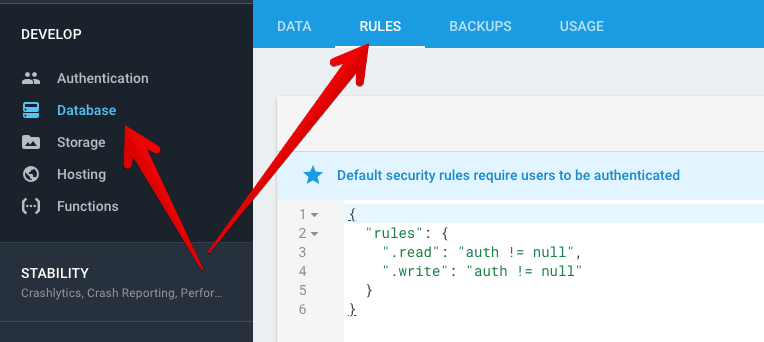 Show Database Rules location in Firebase Console