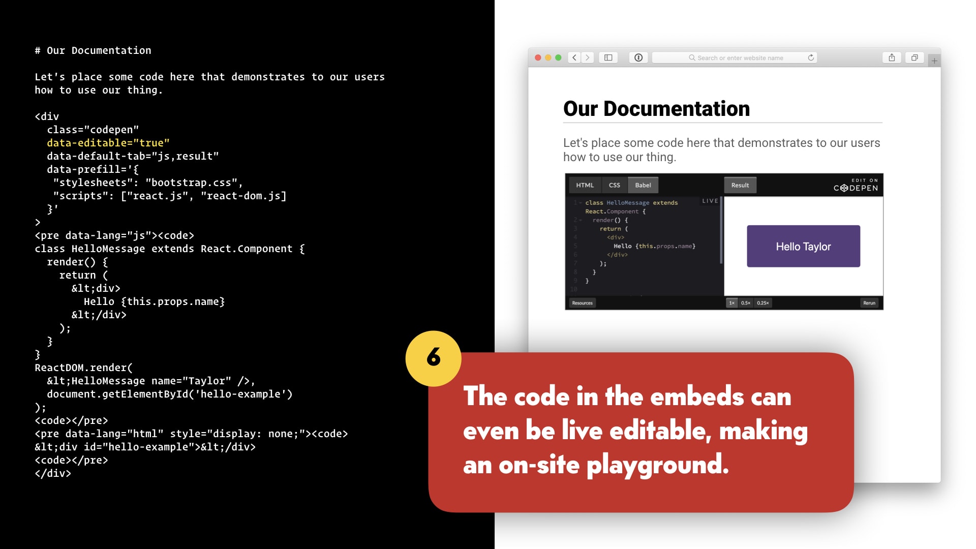The text editor has been updated to include the editable attribute. The browser window reflects that change.