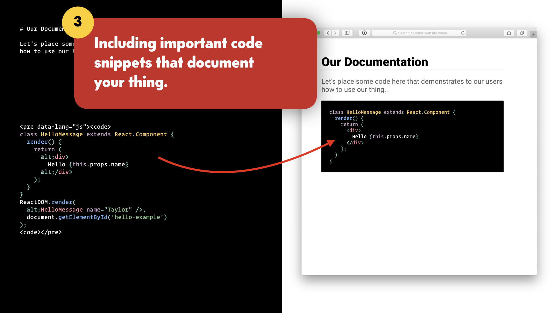 A code snippet is added to the text editor, and is shown in the browser window.
