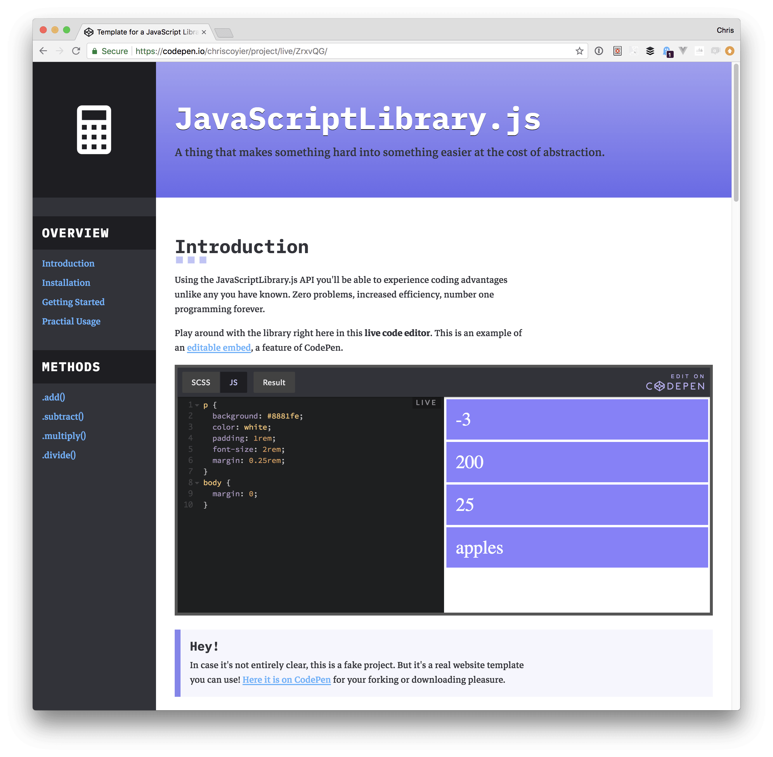 A Free Template for JavaScript Library Homepages - CodePen Blog
