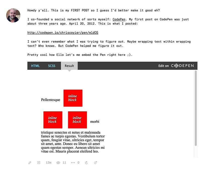 Ello Supports Embedded Pens CodePen Blog